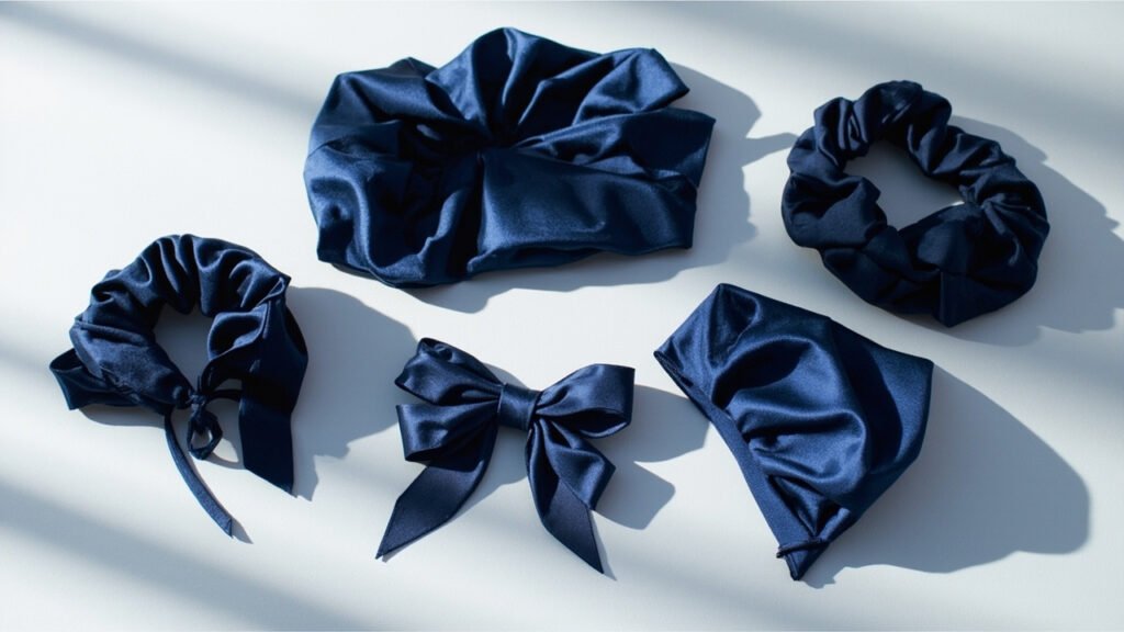 Accessoires capillaires en satin bleu nuit, brillance charmeuse.