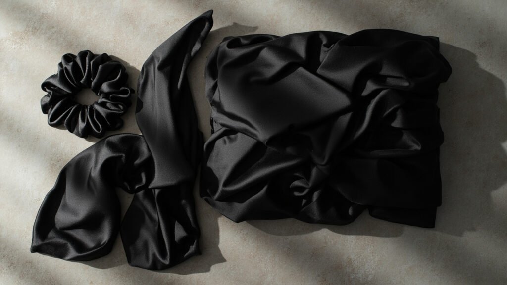 Accessoires capillaires en satin noir profond, pliés sur surface minérale.