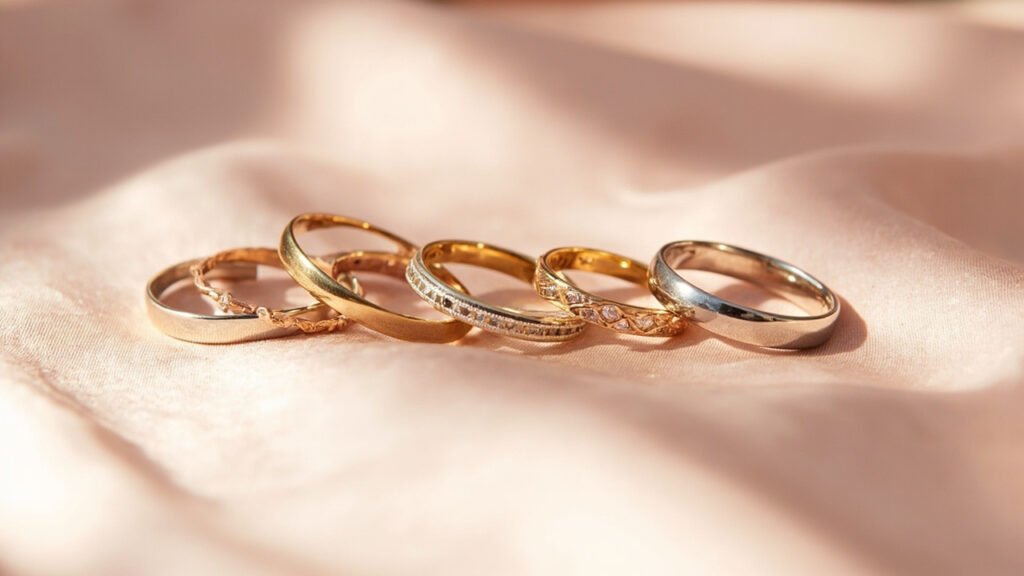 Alliances en or jaune, rose, blanc et platine sur satin.