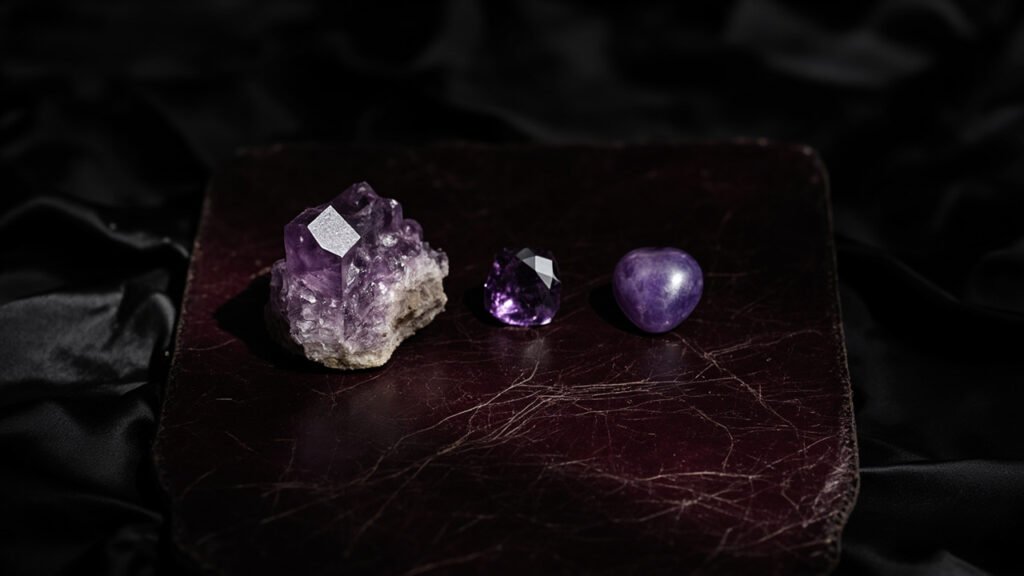 Améthyste brute, cabochon et pierre taillée sur cuir et soie noire.