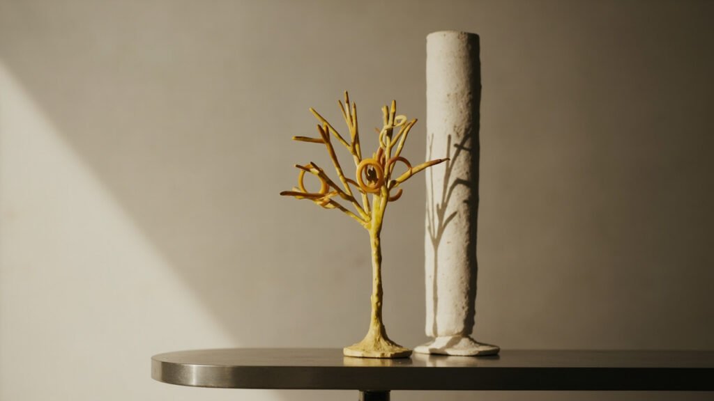 Arbre en cire dorée et flacon de plâtre d'investissement sur établi.