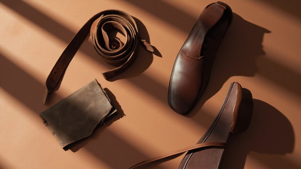Assortiment d'articles en cuir tabac: ceinture, portefeuille, soulier, poignée.