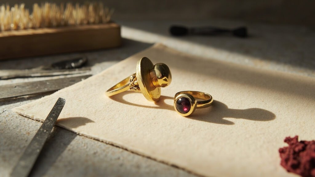 Bague en or brute et polie, outils de finition sur chamois.