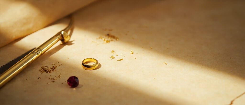 Bague en or jaune, rubis, filière et limaille dorée sur parchemin.