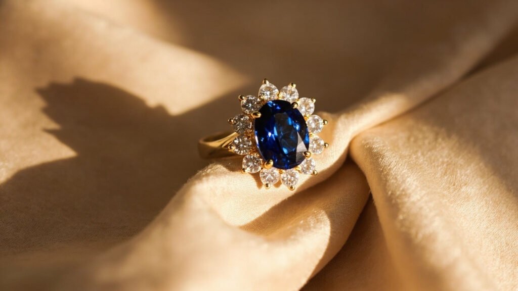 Bague en or jaune sertie d'un saphir ovale entouré de diamants brillants.