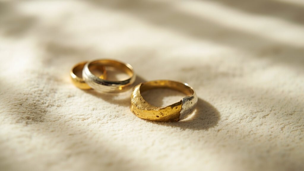 Bagues vermeil alignées, une usée révélant l'argent sous la couche d'or.