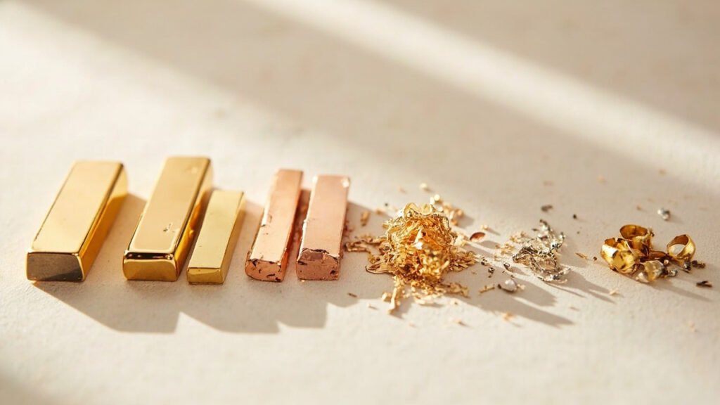Barres d'or jaune, rose et blanc alignées avec leurs copeaux.