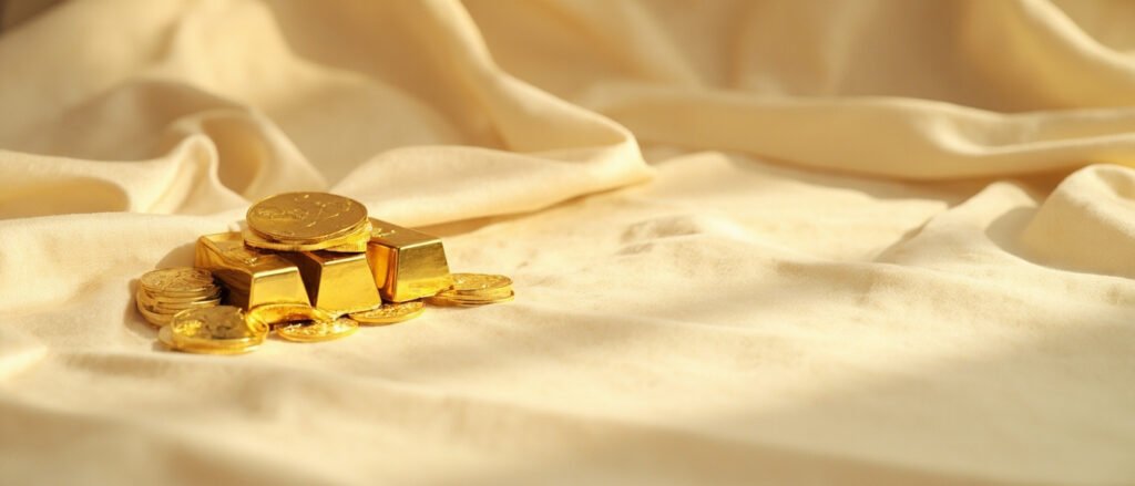 Barres et disques d'or lisse et brillant sur soie crème plissée.