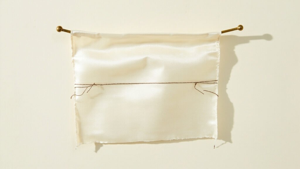 Bâtis longs sur satin nacré tendu entre épingles laiton.