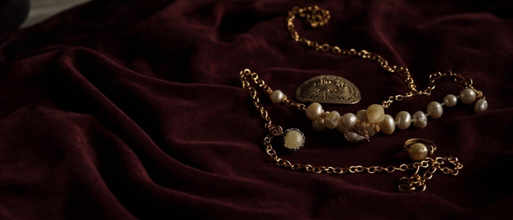 Bijoux anciens en or vieilli et perles crème sur velours bordeaux.