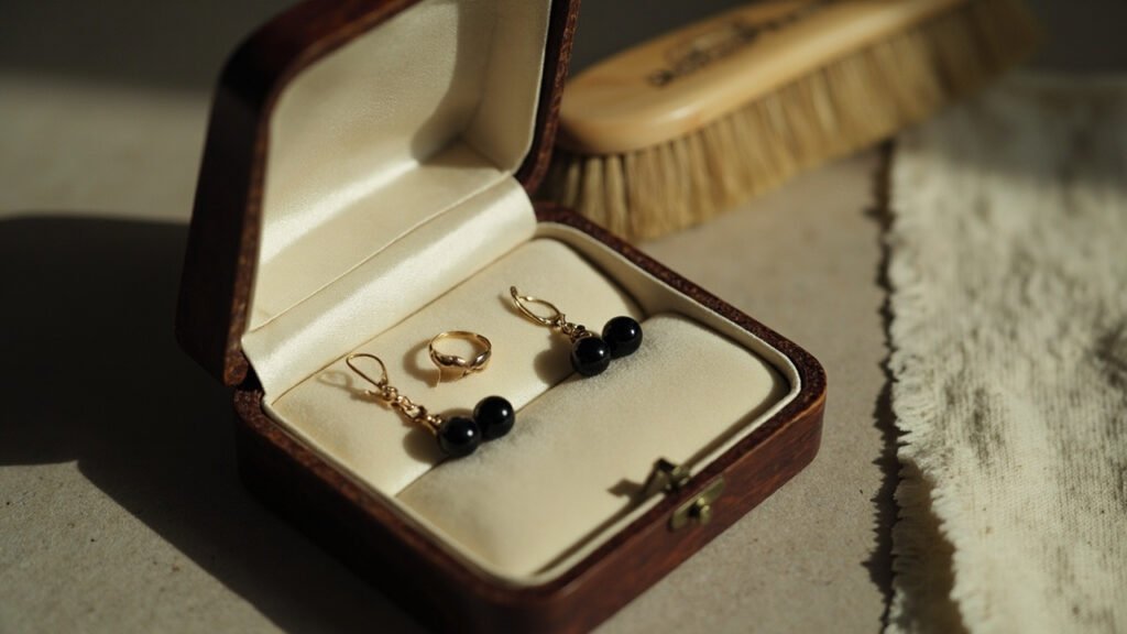 Bijoux anciens sur velours crème avec brosse douce et chamois.