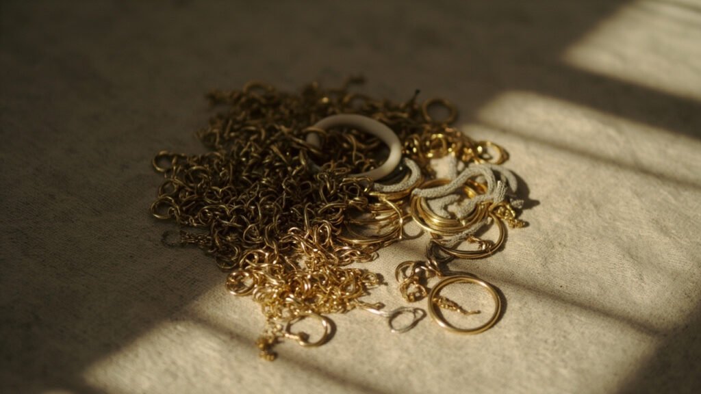 Bijoux en or anciens rassemblés sur lin brut, prêts à l'affinage.