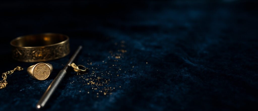 Bijoux en or gravés, burin et copeaux d'or sur velours bleu nuit.