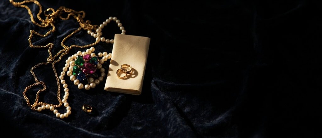 Bijoux en or, perles et pierres précieuses étalés sur velours.