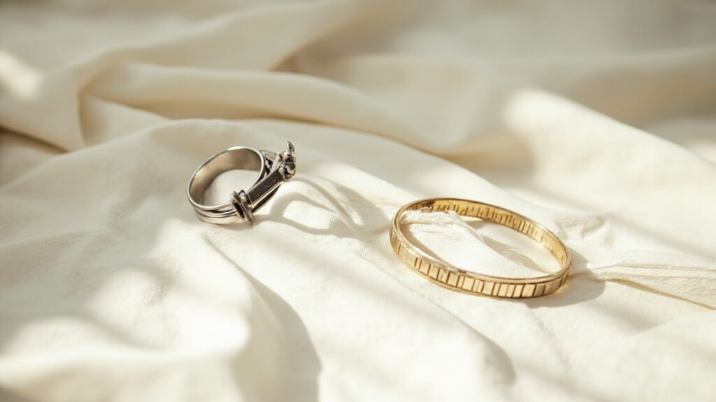 Bijoux et fermetures métalliques posés sur du satin clair.