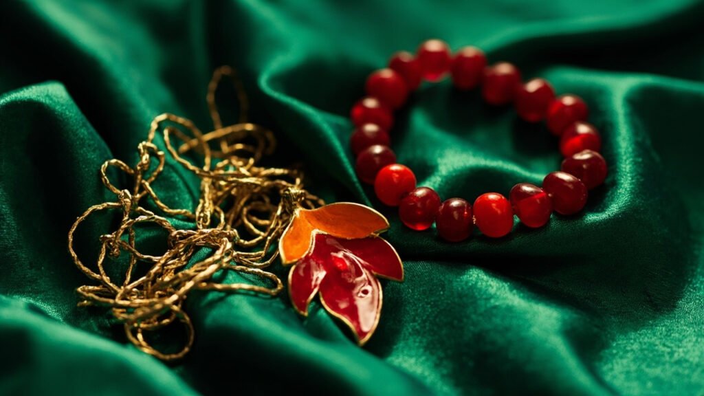 Bijoux fantaisie dorés, émaillés et perles de verre rouge sur satin vert.