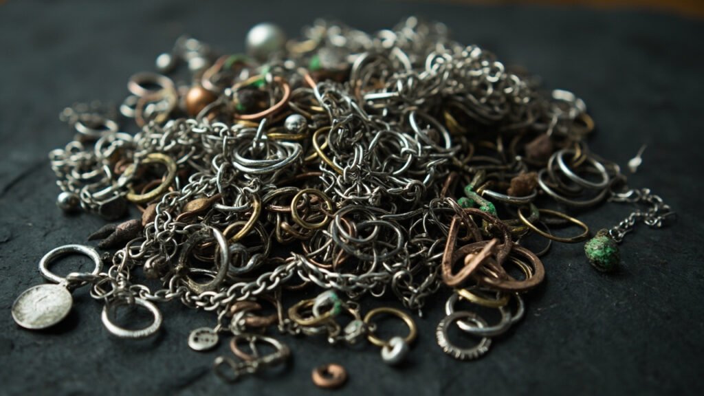 Bijoux fantaisie emmêlés, oxydation verte sur fond ardoise.