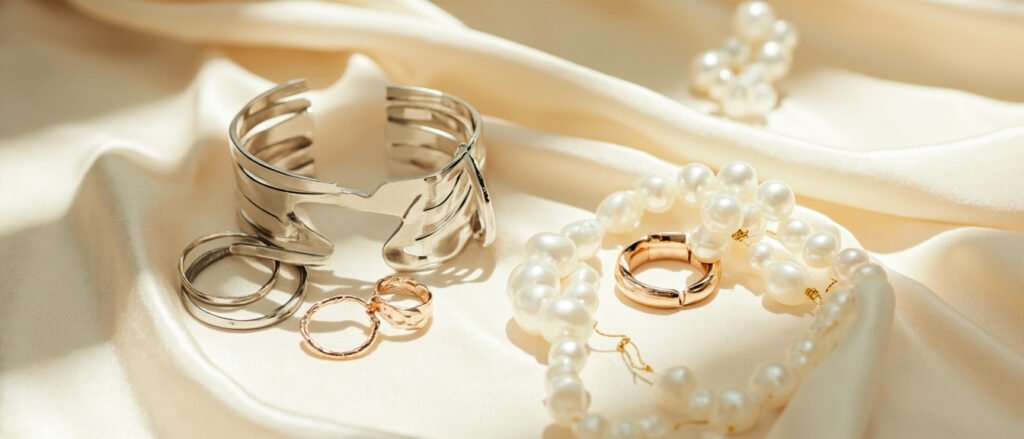 Bijoux hypoallergéniques : platine poli, or rose, titane et perles sur soie crème.