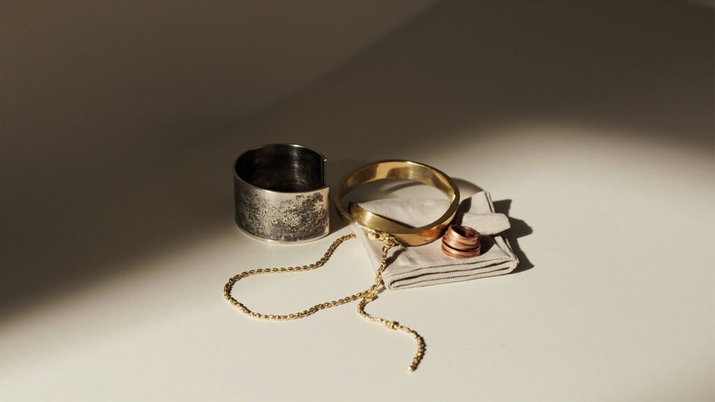 Bijoux usés et polis côte à côte révélant la patine du temps.
