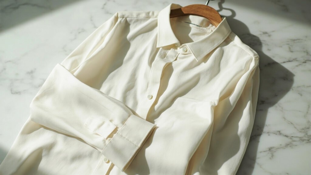 Blouse de soie pliée, cintre en cèdre, fibres intactes.