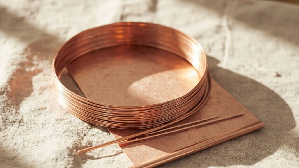 Bobine d'or rose près d'une feuille et d'un barreau de cuivre.