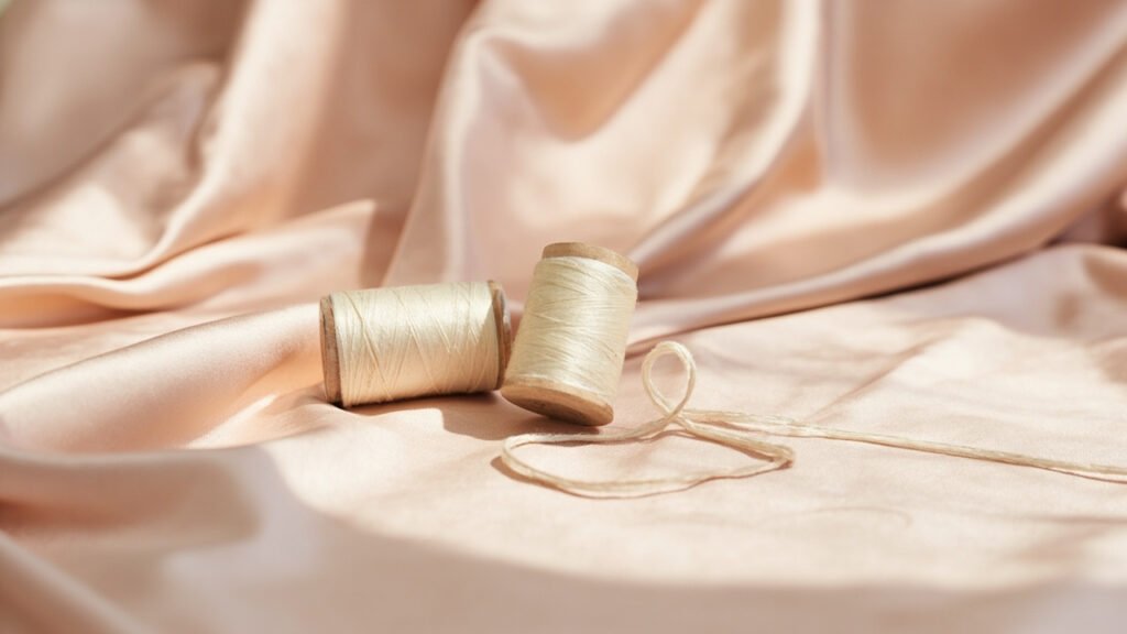 Bobines de fil de soie posées sur satin rose nude.