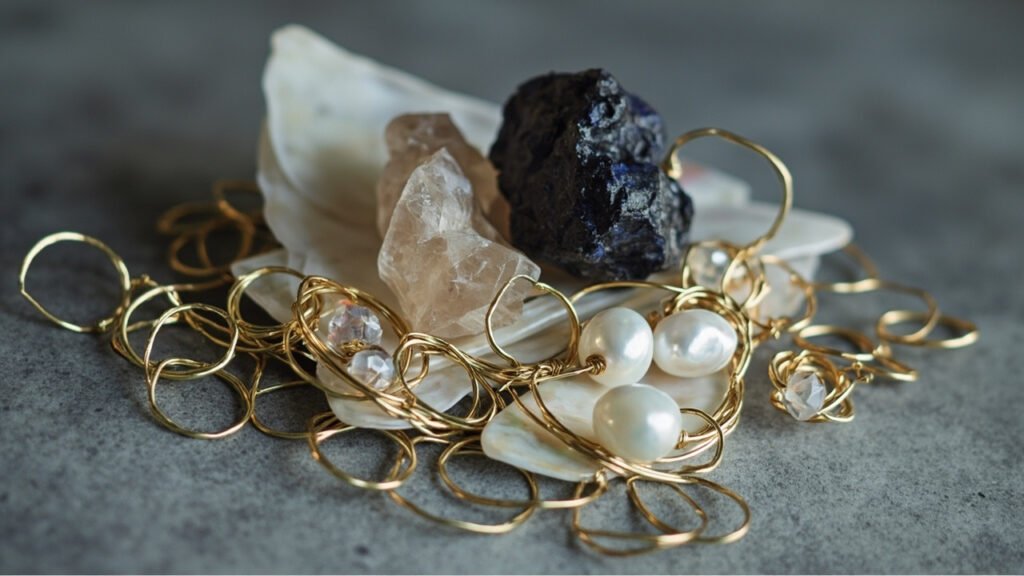 Bobines d'or, saphir brut, perles et perles de verre juxtaposés.