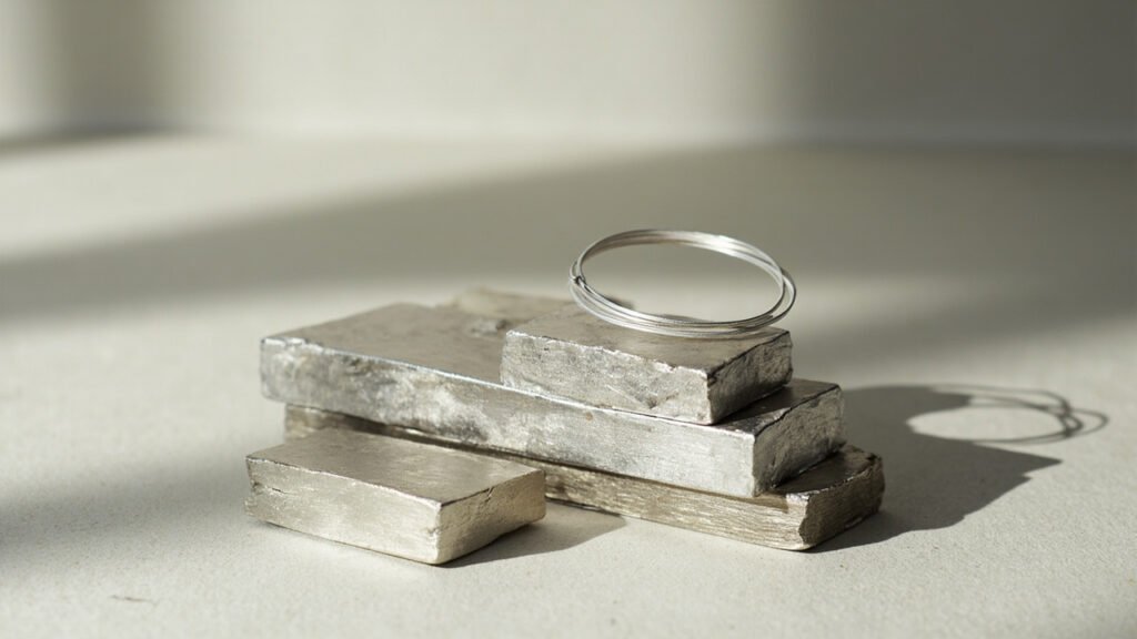 Bobines identiques de palladium, platine, or blanc et argent sur granit.