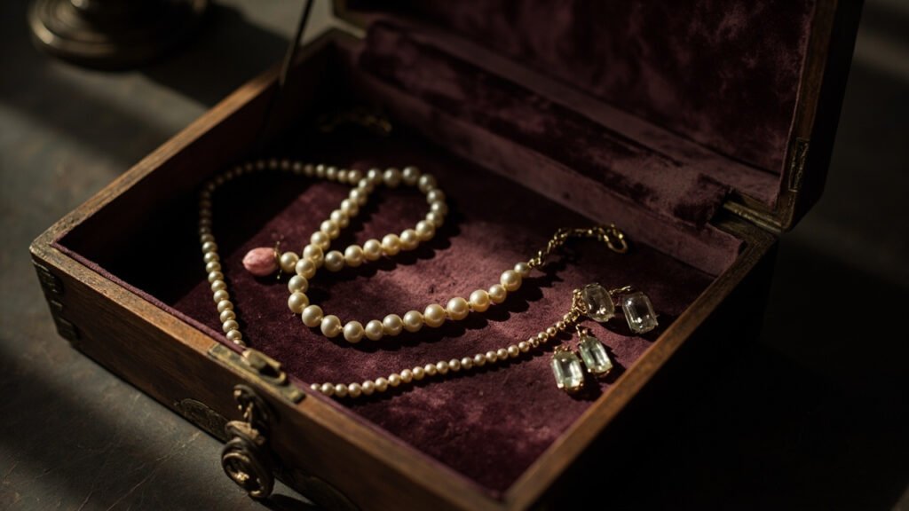 Boîte à bijoux ancienne en velours bordeaux avec perles et or