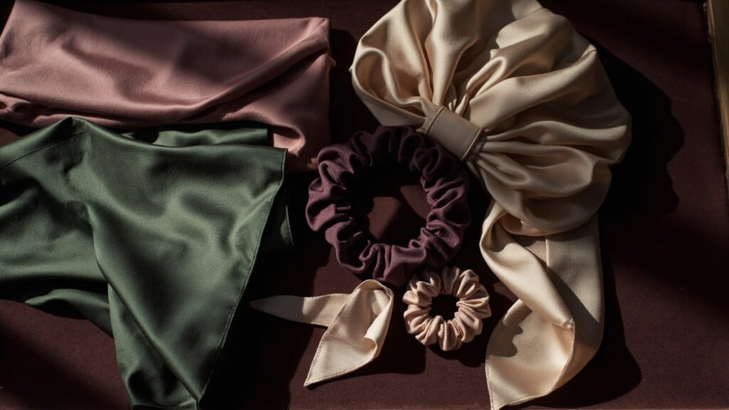 Bonnet, foulard et chouchous en satin aux tons jewel sur velours.