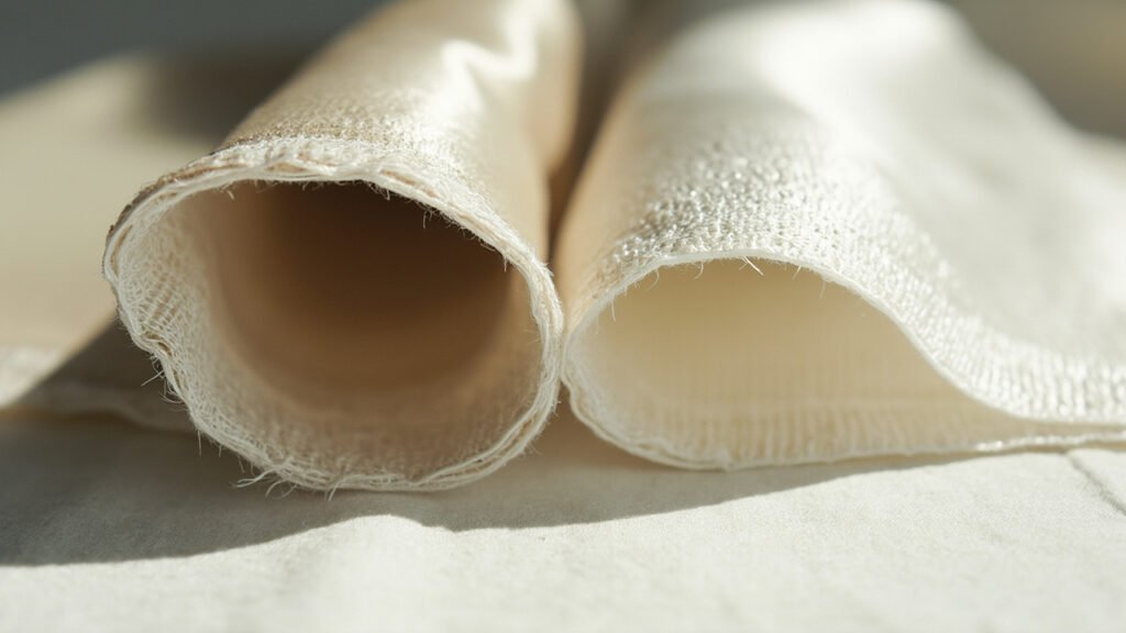 Bords effilochés révélant la trame : soie irrégulière, satin uniforme et lisse.
