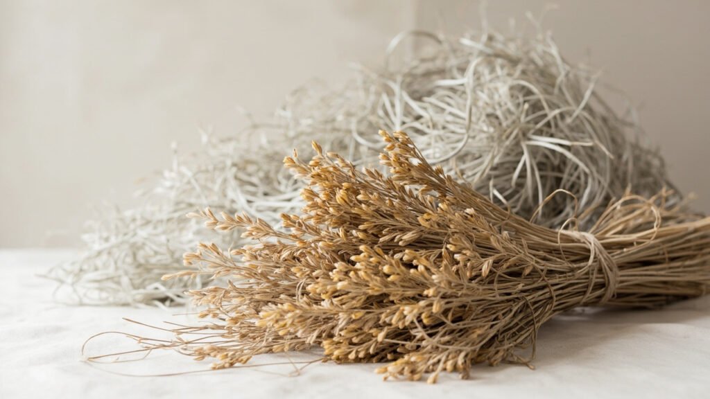 Botte de lin brut et fibres teillées, lumière naturelle.