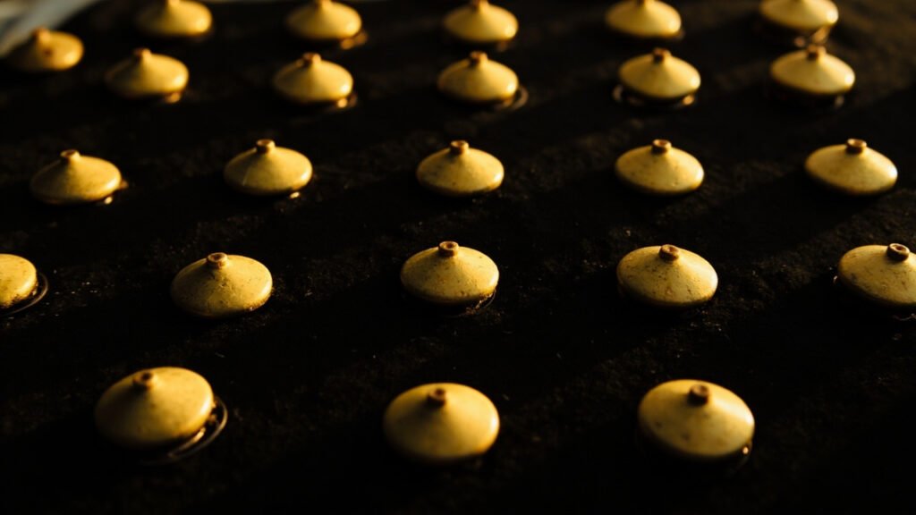 Boutons d'or raffiné alignés en grille sur velours noir.