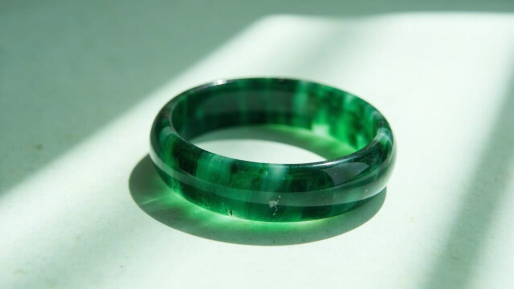 Bracelet en jade néphrite poli, vert translucide.
