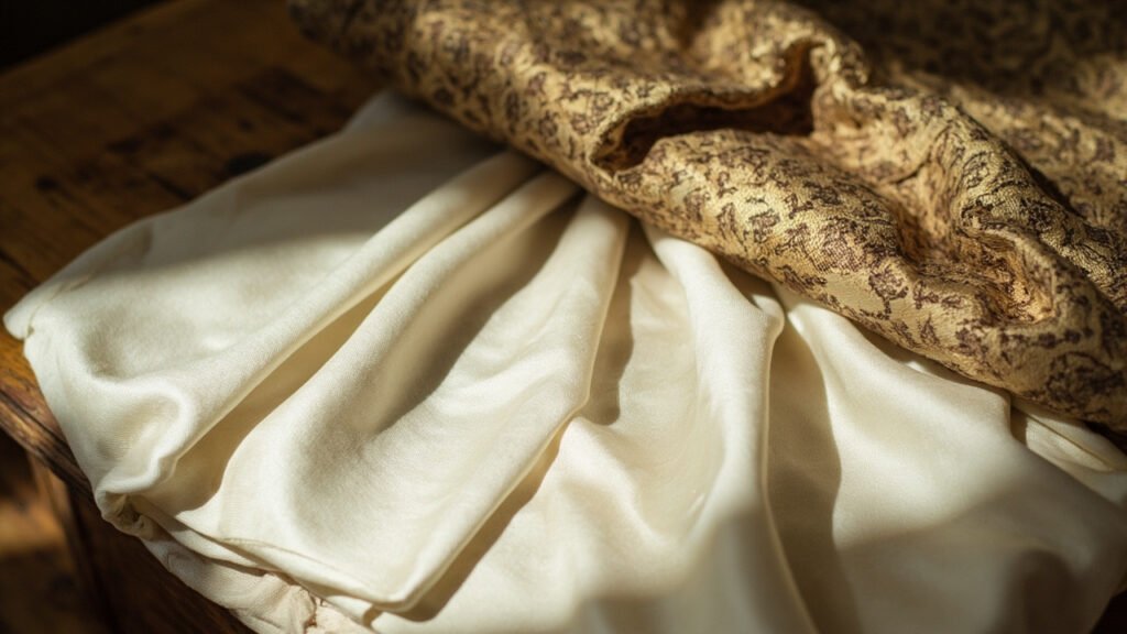 Brocart ancien dévoilant un satin ivoire lumineux sur bois patiné.