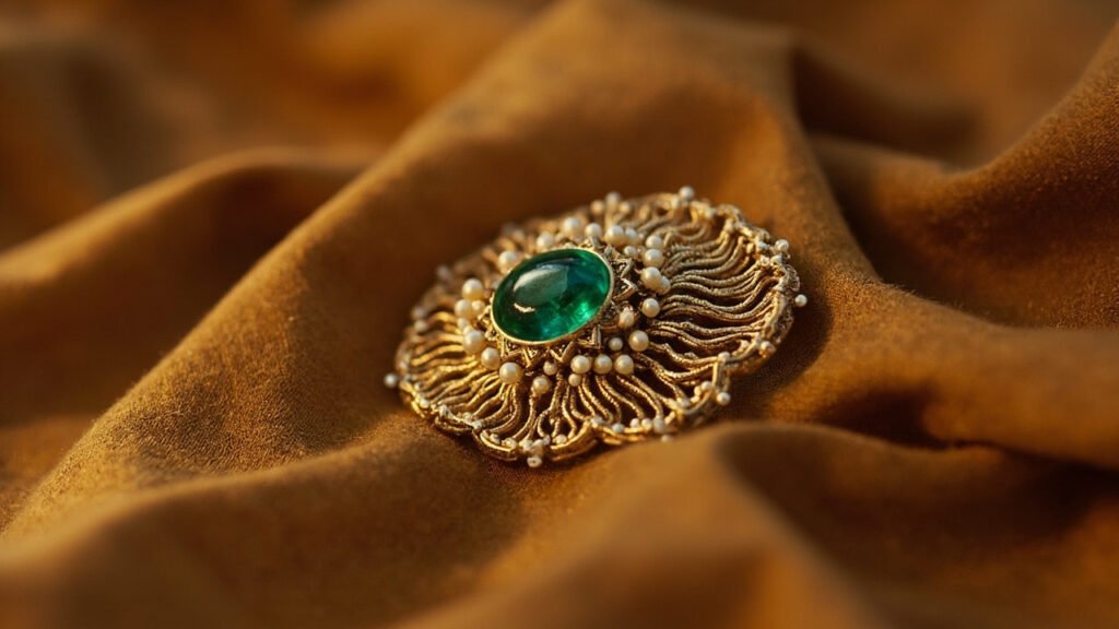 Broche ancienne en or filigrane avec émeraude cabochon sur soie ocre patinée.
