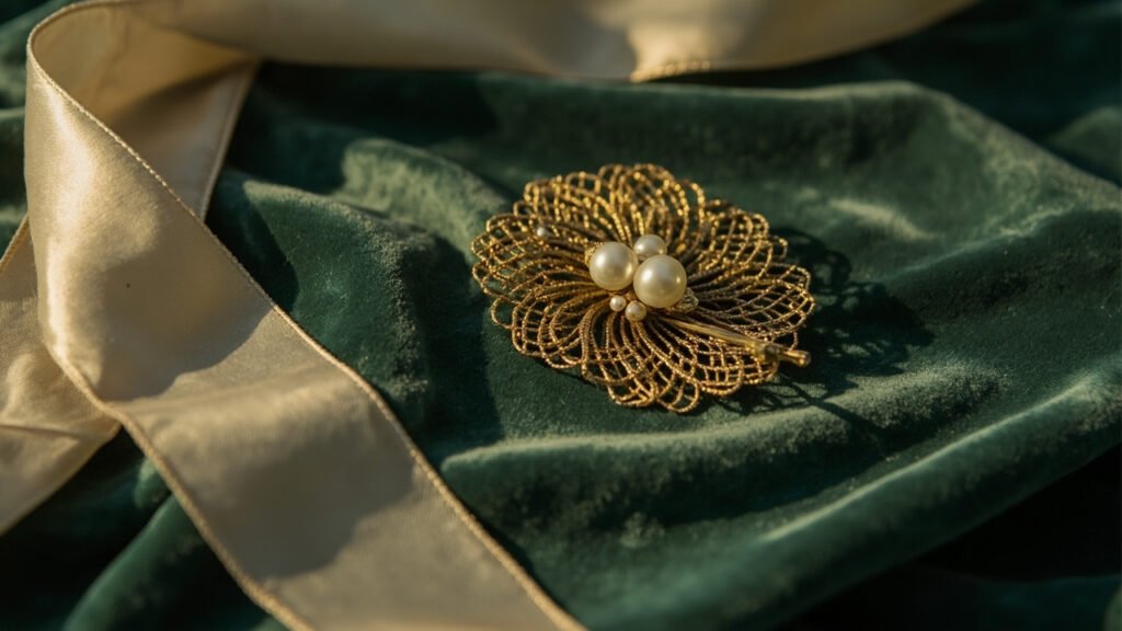Broche ancienne en or filigrane et perles sur velours émeraude.