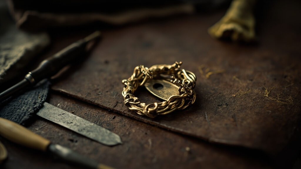 Broche ancienne et outils de restauration sur cuir.