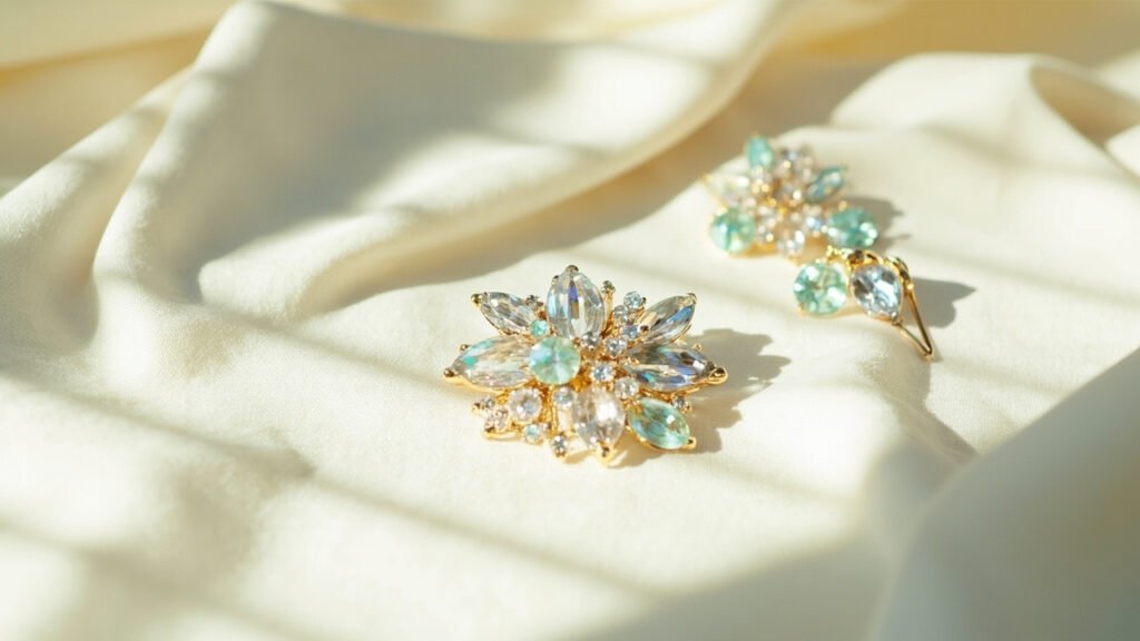 Broche et boucles d'oreilles en strass sur soie écrue.