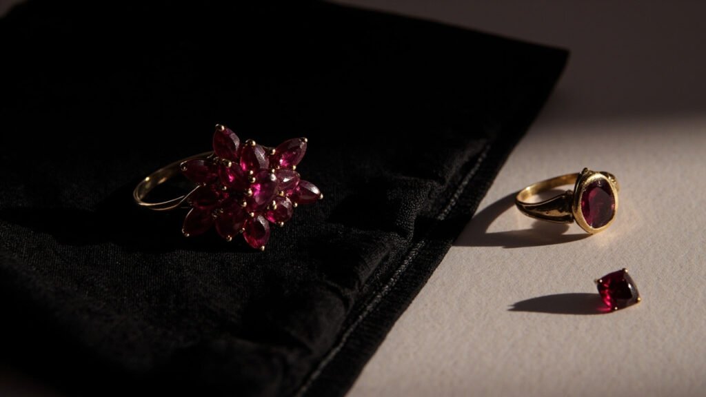 Broche rubis victorienne et chevalière usée à patine sur soie noire.