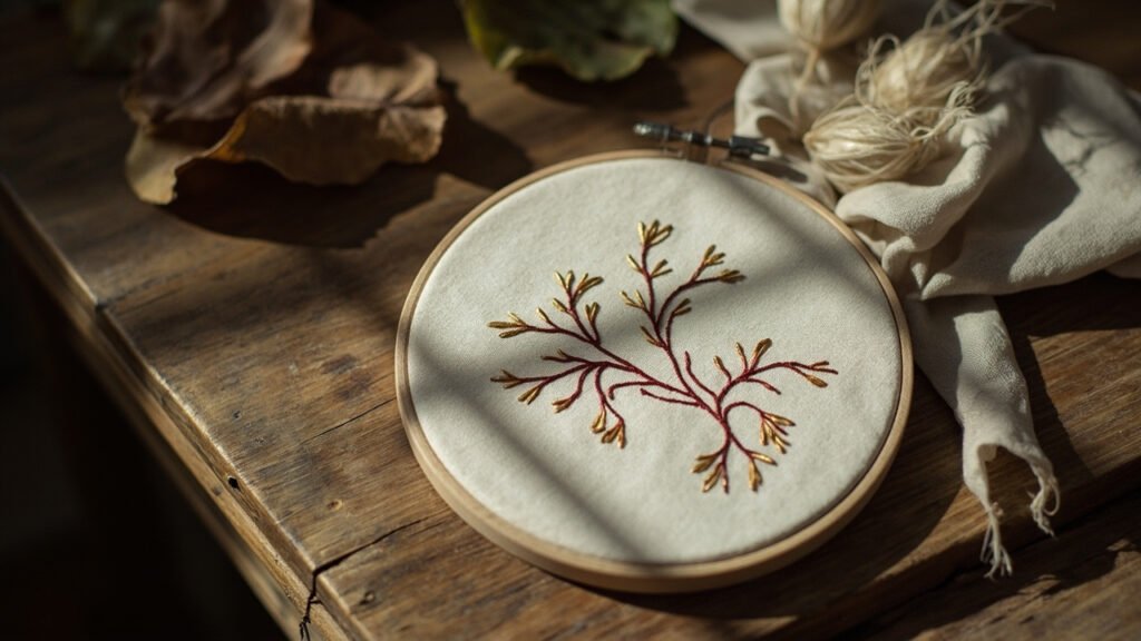 Broderie dorée vintage sur soie, feuillages de mûrier et cocons.