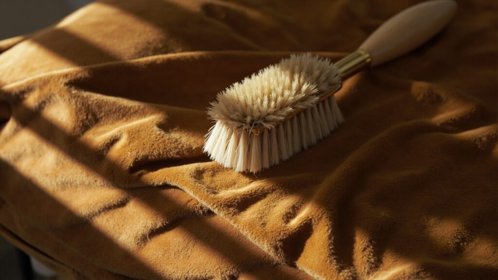 Brosse à velours posée sur coussin de velours de coton miel.
