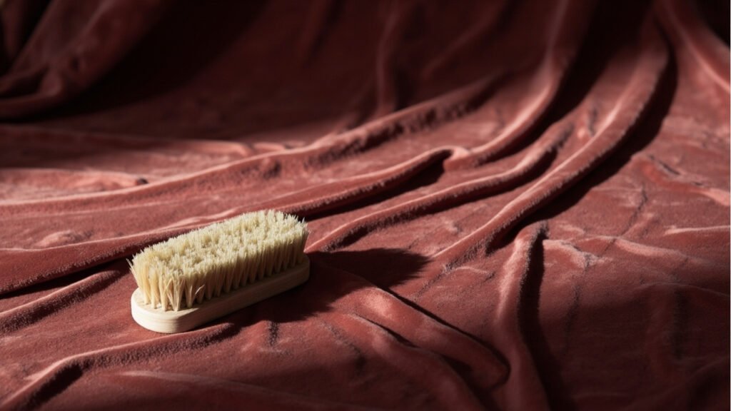 Brosse à velours sur panneau de velours rose, lumière rasante.
