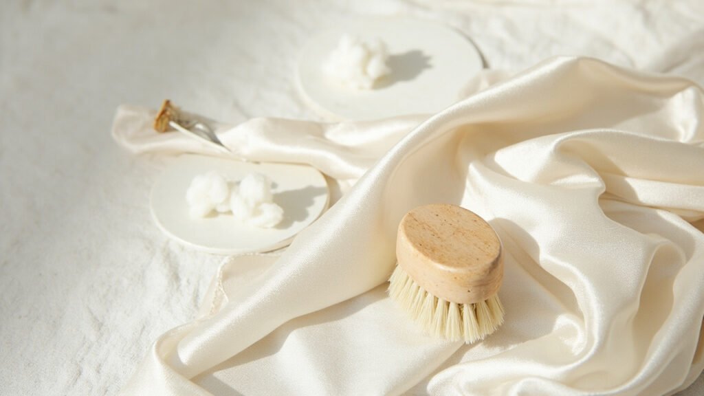 Brosse douce et coton blanc près d'un satin plié perle.