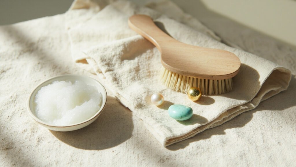 Brosse douce et écume sur lin, préparant nettoyage de bijoux variés.