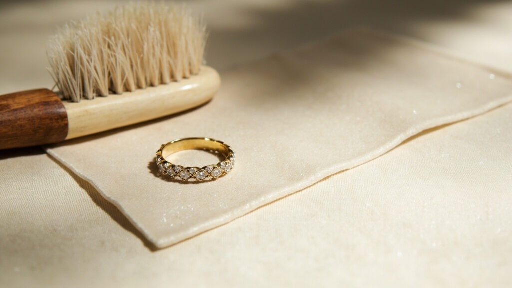 Brosse en bois, velours crème et rivière de diamants pavés.