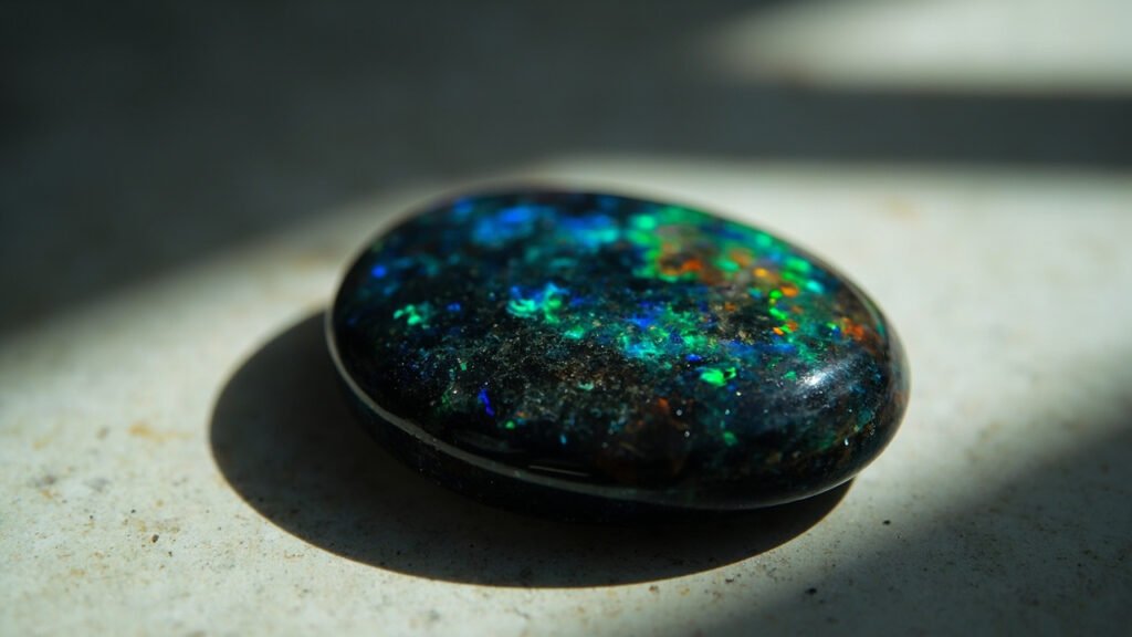 Cabochon d'opale noire aux éclats iridescents.