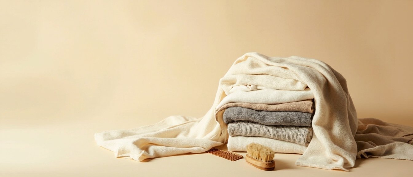Cachemire naturel écru plié, écharpe drapée, peigne cèdre et brosse.