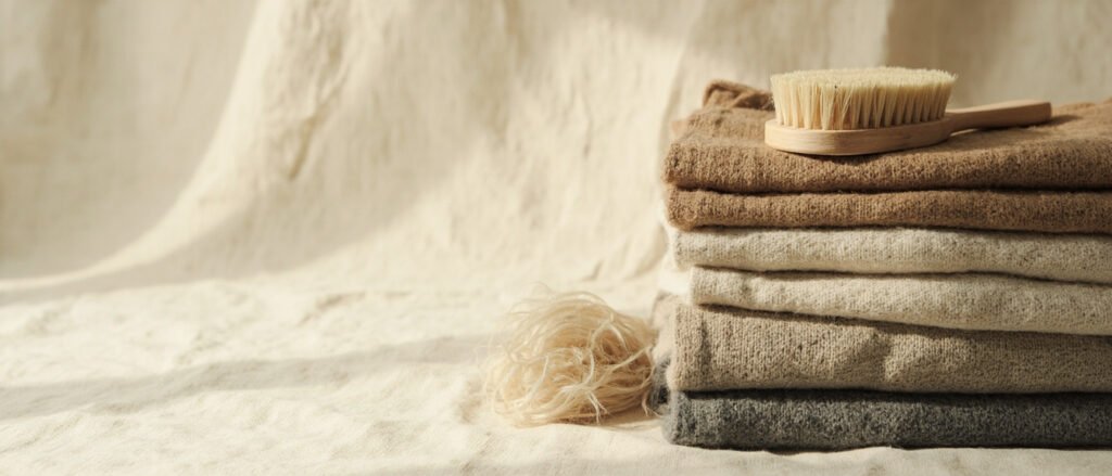 Cachemire plissé camel et gris, brosse en bois, fibres brutes sur lin.