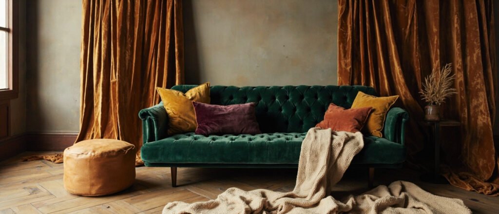 Canapé Chesterfield en velours émeraude, coussins colorés et drapés de velours.